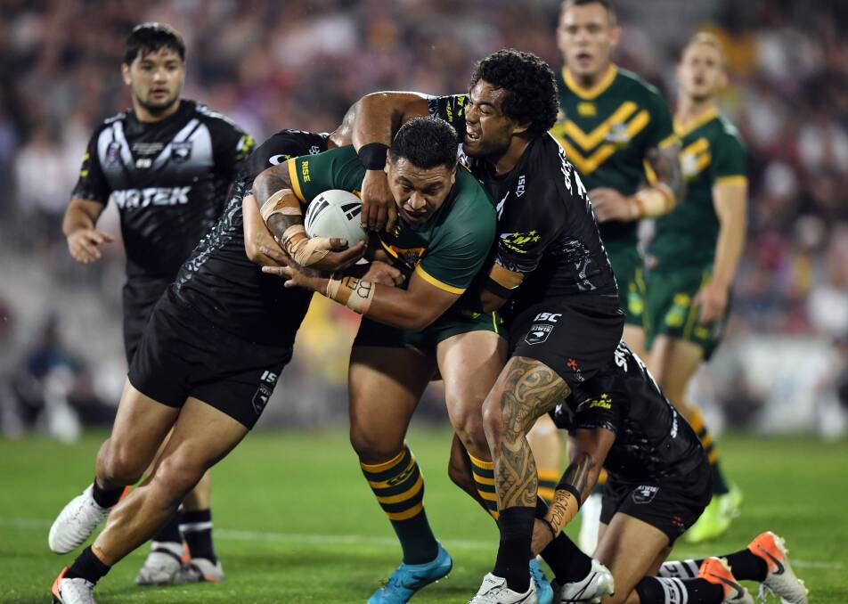 Kangaroos prop Josh Papalii takes on the New Zealand defence on Friday night. Picture: NRL Imagery