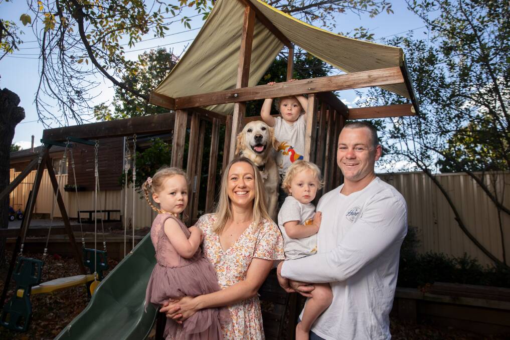 Leah and Shaun Fensom with their daughter Elsie, 4, twin boys Cruz and Leo, 3, and golden retriever Sadie. Picture: Sitthixay Ditthavong