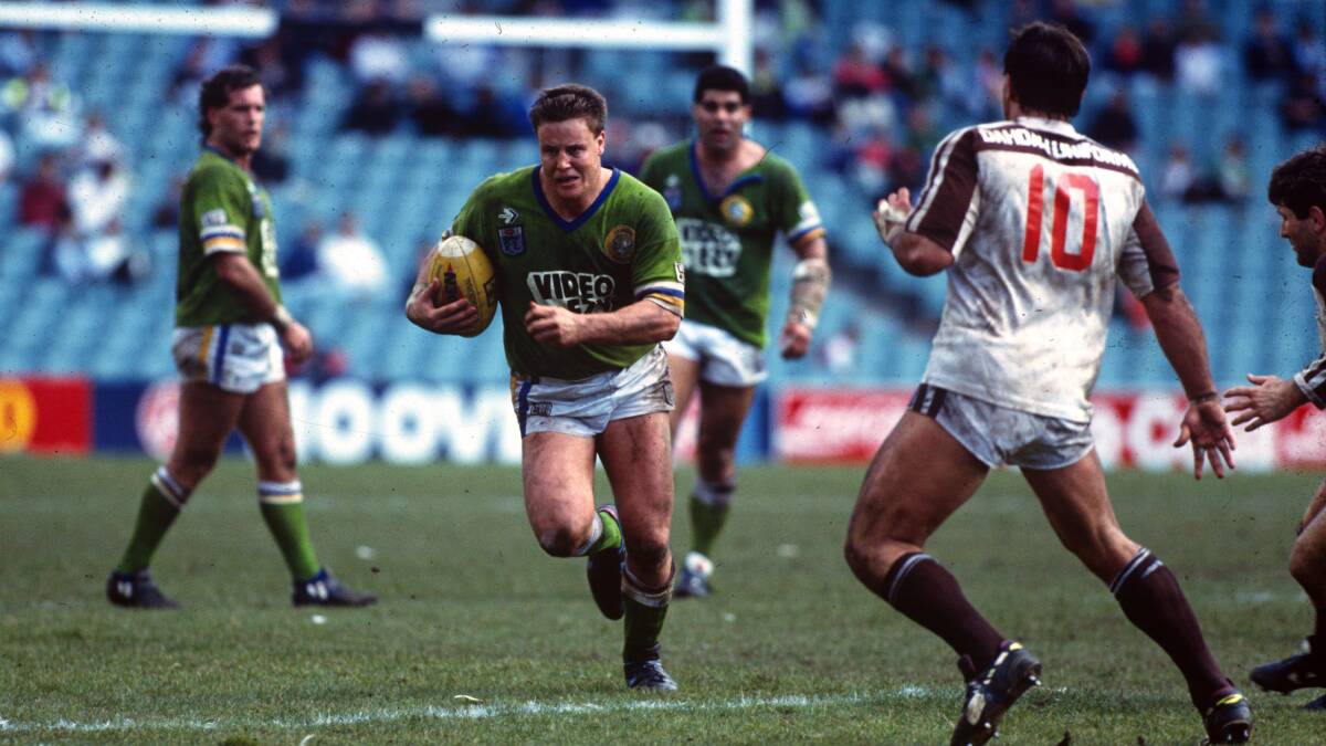 Canberra Raiders prop Glenn Lazarus runs the ball during the 1990 grand final against Penrith Panthers. Picture: NRL Imagery