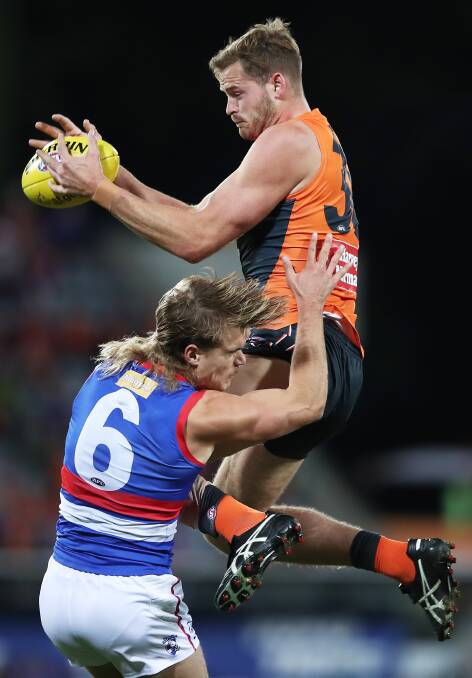 GWS ruckman Matthew Flynn takes a mark over Bailey Smith. Picture: Getty Images
