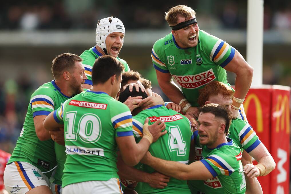 Raiders players celebrate Matthew Timoko's try. Picture Getty Images