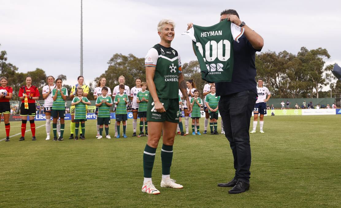 Heyman was presented with a 100th Goal jersey before the match. Picture by Keegan Carroll