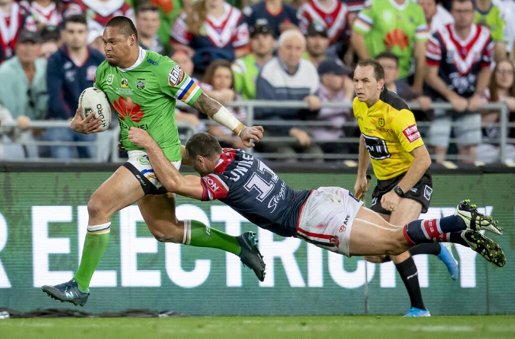 Joey Leilua playing for the Canberra Raiders in the 2019 NRL grand final against the Sydney Roosters. Picture by Sitthixay Ditthavong