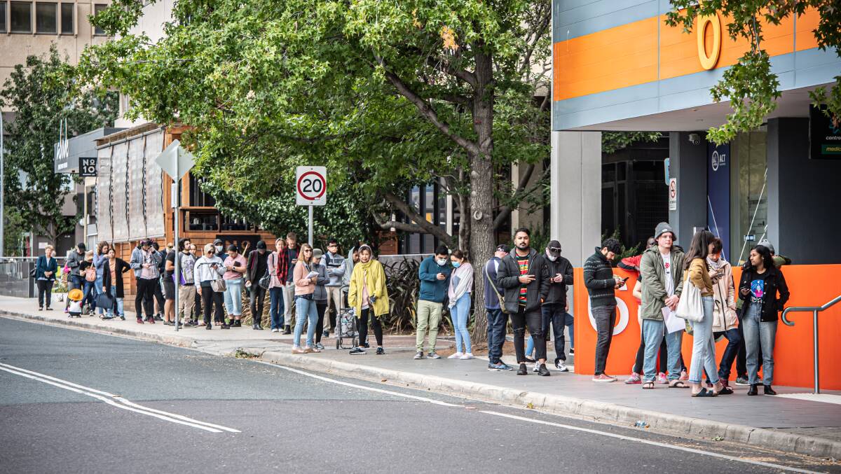 Centrelink queues in Woden when businesses were closed in March. Picture: Karleen Minney