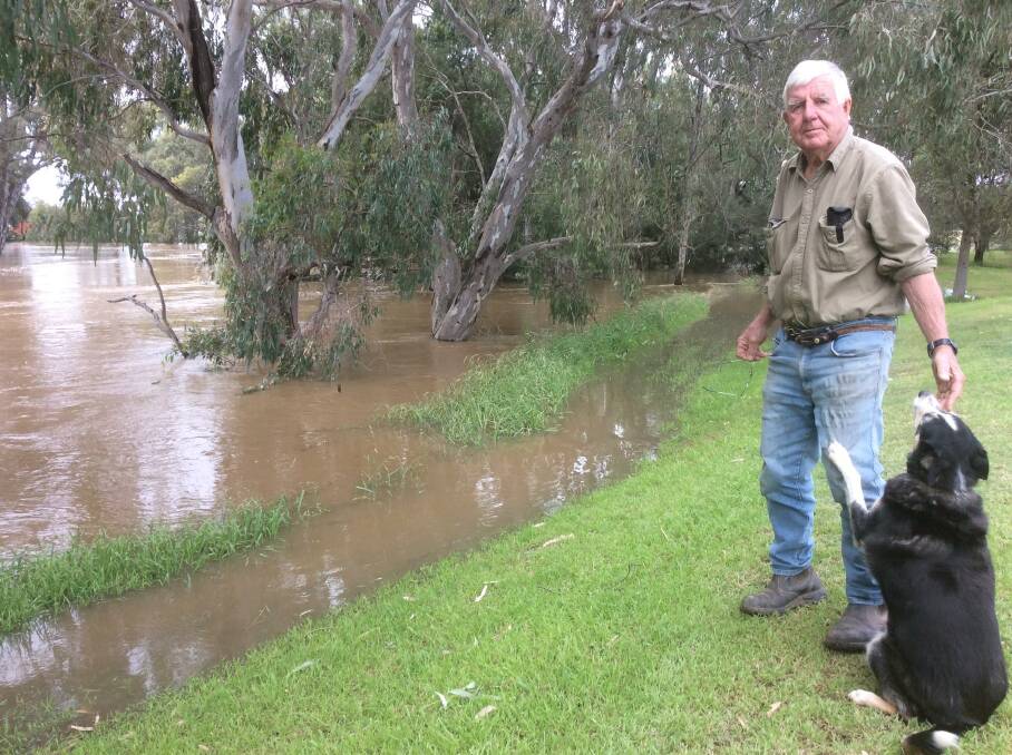 Pip Perry and dog Mally in their Forbes garden on the Lachlan River. Picture: Sally Perry.