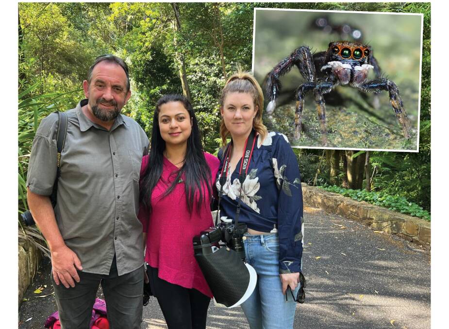 Citizen scientists Stuart Harris, Su Rammohan and Amie Lording, and jumping spider, inset. Pictures supplied