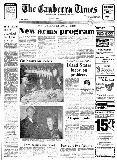 The front page of The Canberra Times on October 4, 1981.