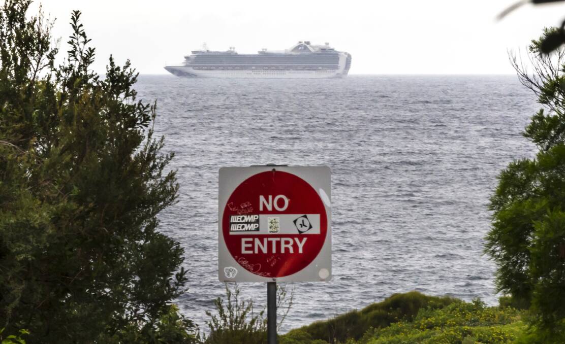 The Ruby Princess cruise ship is seen from Kurnell National Park in Sydney. There are more than 450 COVID-19 infections linked to cruise ships. Picture: AAP