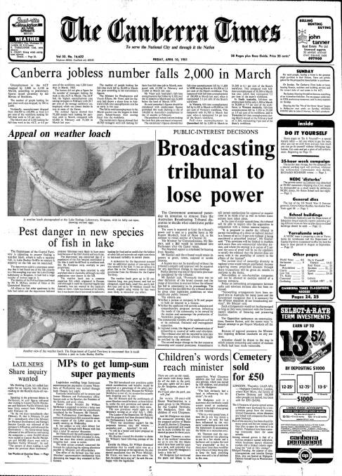 The front page of The Canberra Times on April 10, 1981.