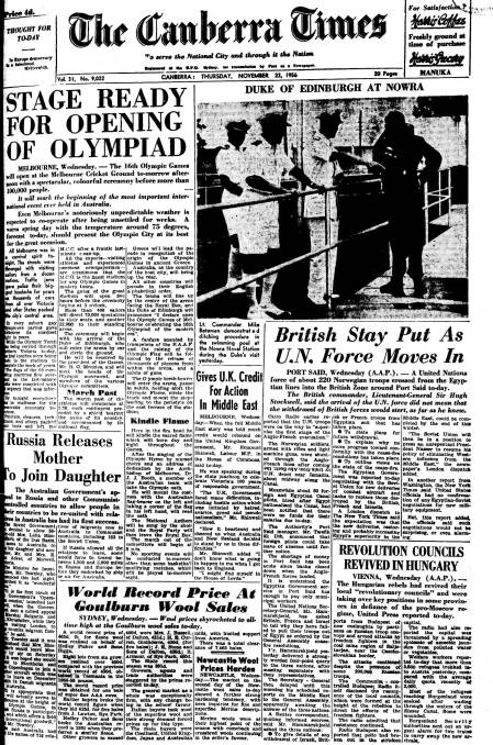 The front page of The Canberra Times on November 22, 1956.