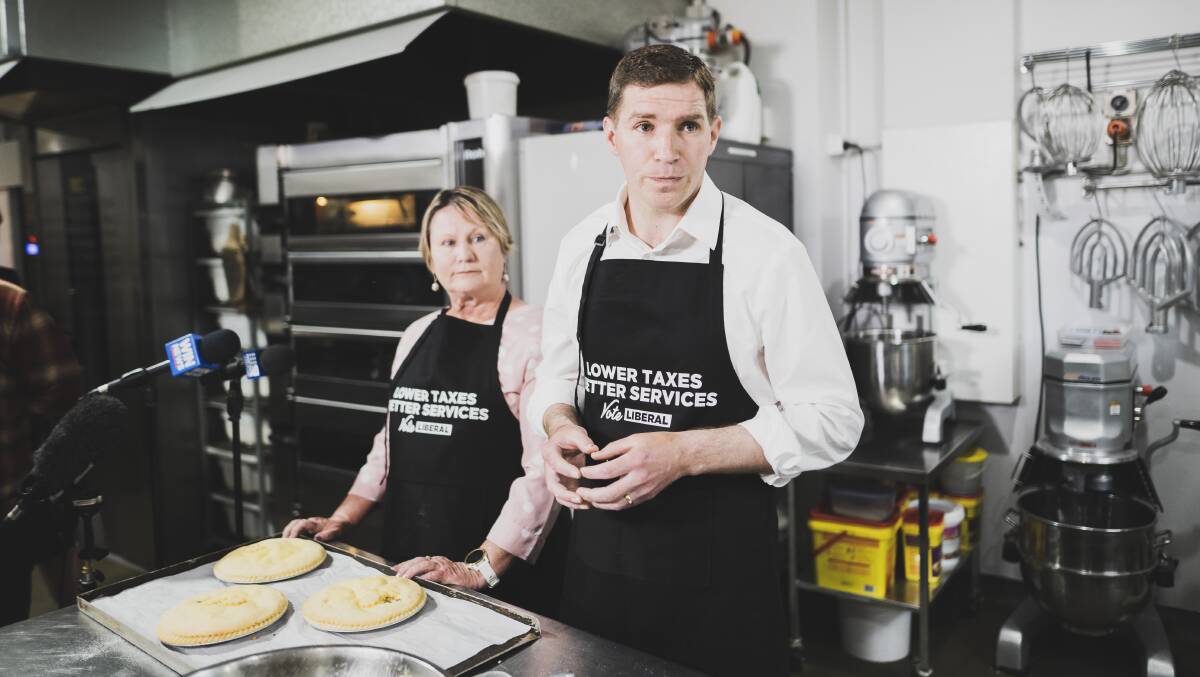 Liberals leader Alistair Coe, and deputy leader Nicole Lawder announce the paty's economic plan for the ACT at a bakery. Picture: Dion Georgopoulos
