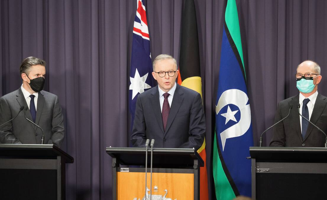Health Minister Mark Butler, Prime Minister Anthony Albanese, and Chief Medical Officer Professor Paul Kelly. Picture: Sitthixay Ditthavong