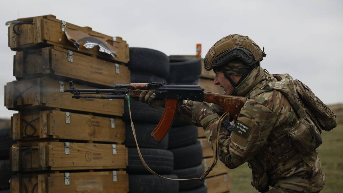A Ukrainian soldier practices live-fire exercise on the training ground in Donetsk. Picture Getty Images