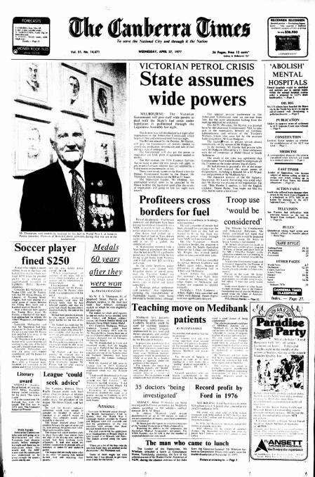 The front page of The Canberra Times on April 27, 1977.