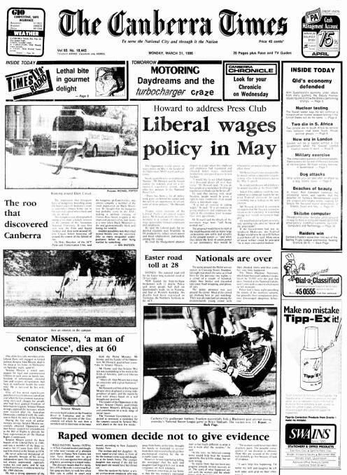 The front page of The Canberra Times on March 31, 1986.