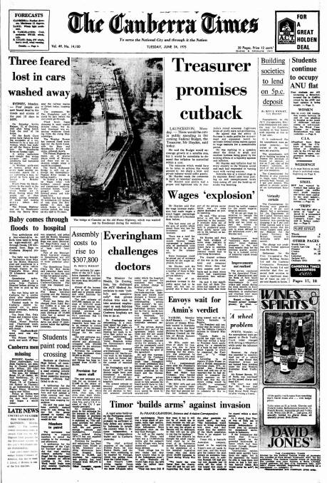 The front page of The Canberra Times on June 24, 1975.