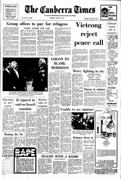 The front page of The Canberra Times on April 29, 1975.