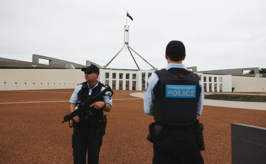 Police arrested Sydney a man at Parliament House after he refused to don a mask and apply for an exemption to be in ACT. Picture: Dion Georgopoulos