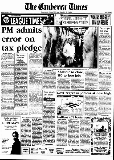 The Canberra Times front page on April 11, 1991.