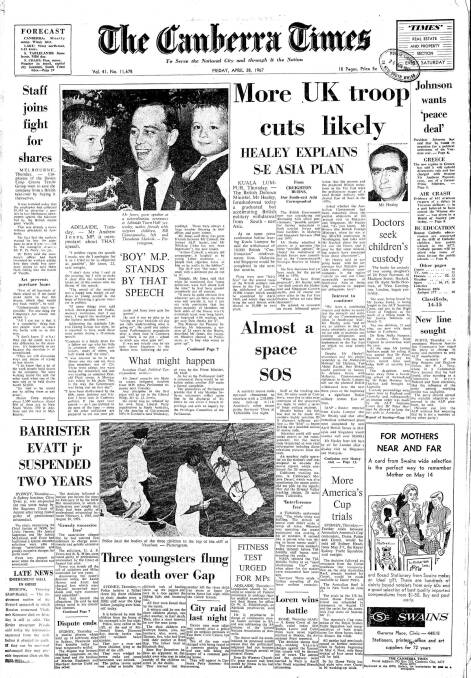 The front page of The Canberra Times on April 28, 1967.