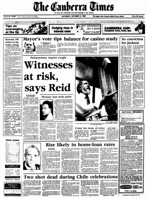 The front page of The Canberra Times on October 8, 1988.