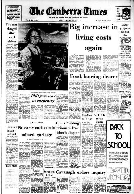 The front page of The Canberra Times from January 22, 1974.