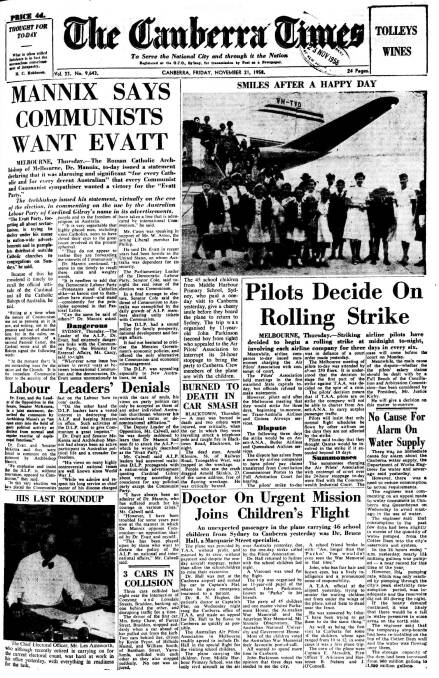 The front page of The Canberra Times on November 21, 1958.