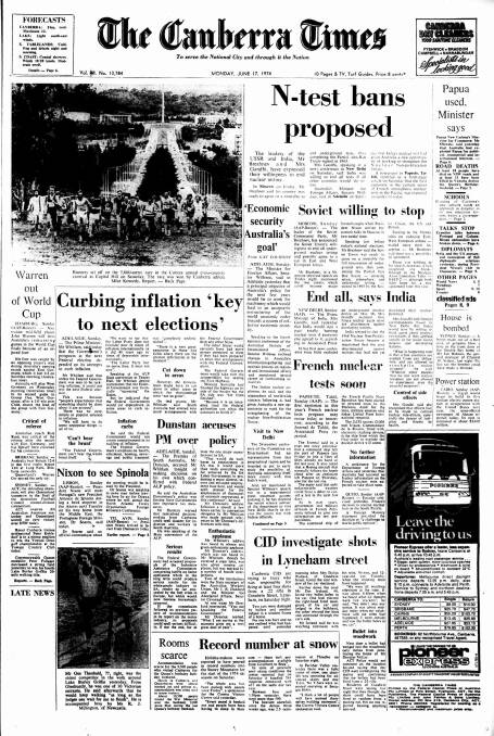 The front page of The Canberra Times on June 17, 1974.