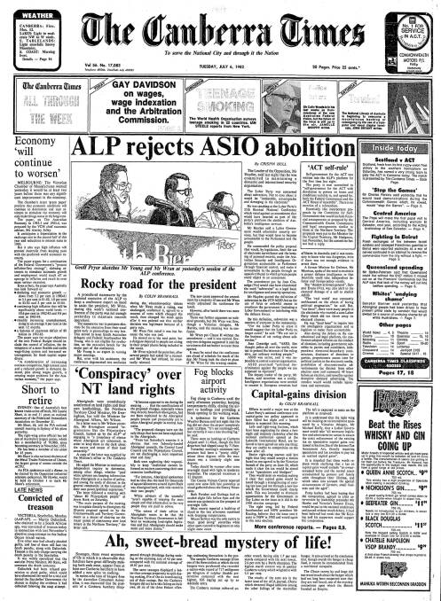 The front page of The Canberra Times on July 6, 1982.