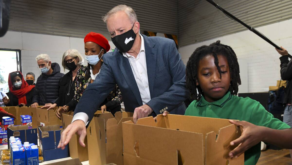 Anthony Albanese prepares food hampers in his inner-Sydney electorate. Picture: AAP