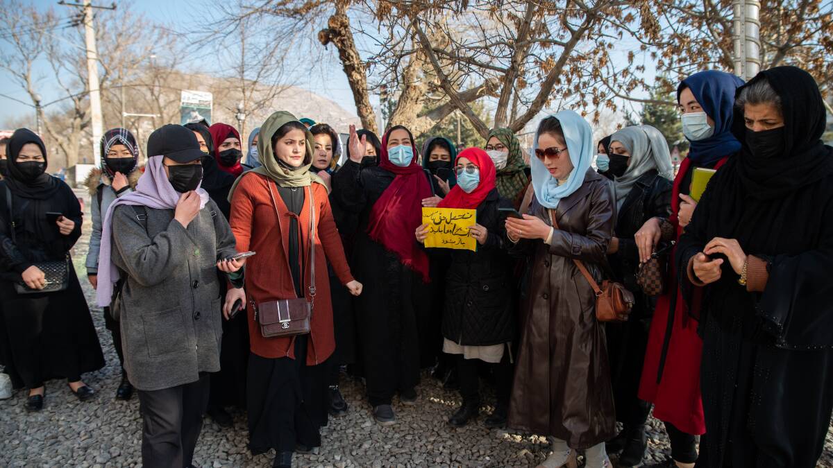 Afghan women in Kabul protest against new Taliban ban on women accessing university education. Picture Getty Images
