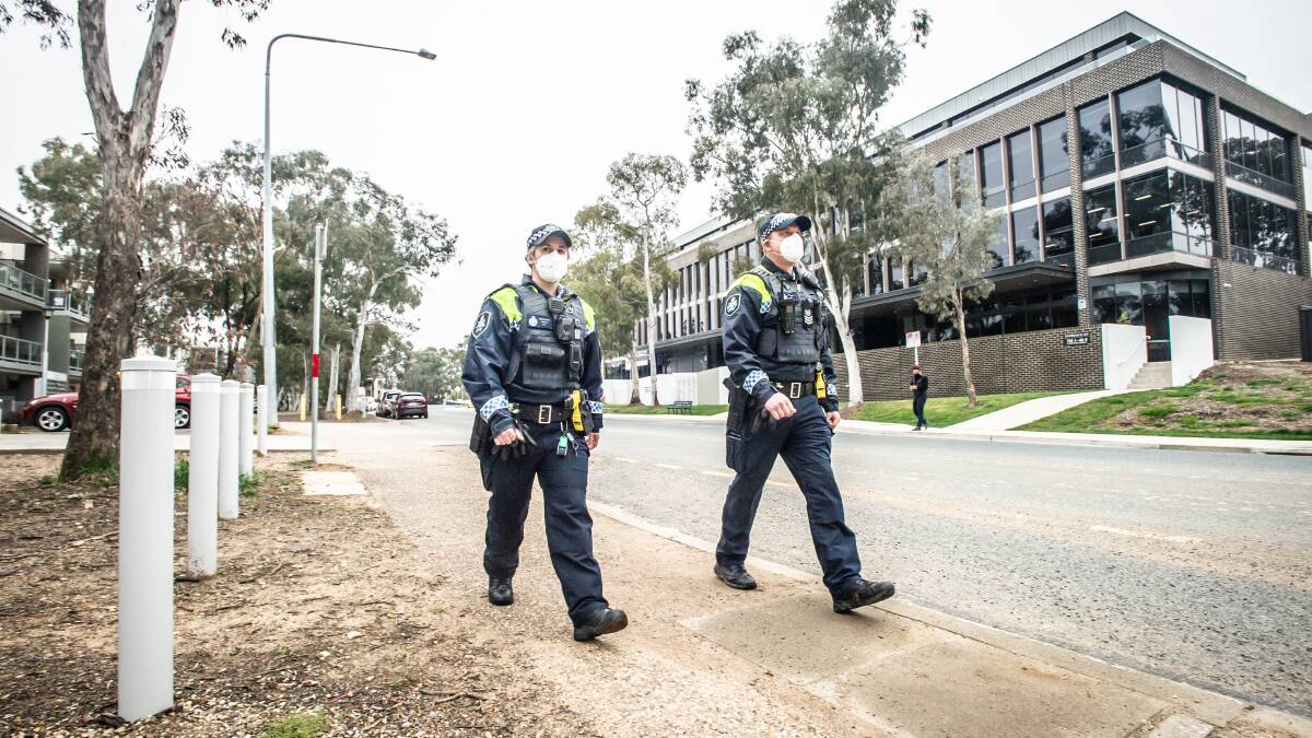 ACT police officers on the beat in Bruce earlier this year. Picture: Karleen Minney