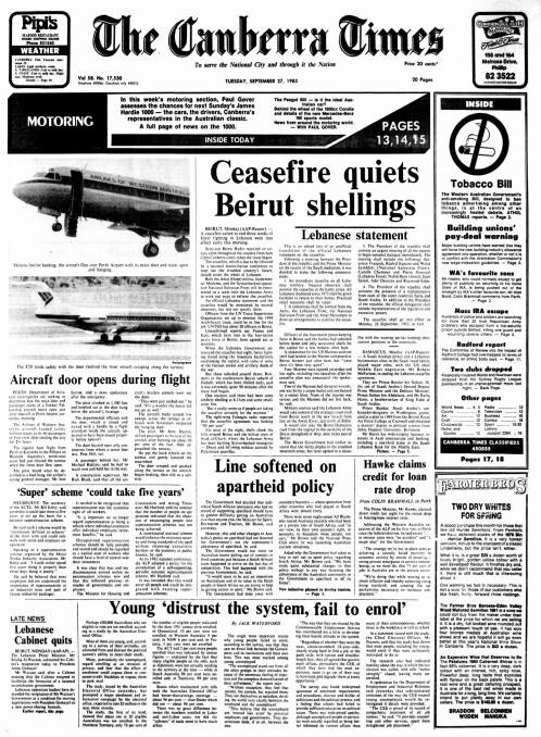 The front page of The Canberra Times on September 27, 1983.