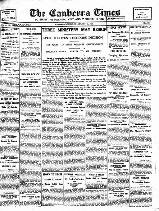 The front page of The Canberra Times on January 28, 1931.