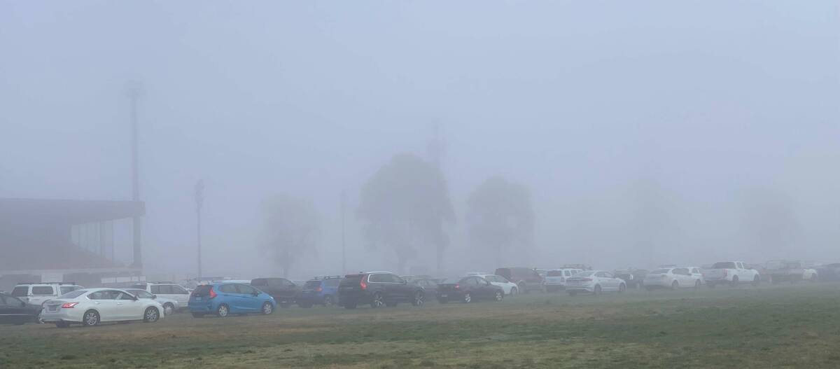 Long lines of cars were seen at EPIC early on a foggy Friday after people were turned away from tests last night. Picture: Supplied