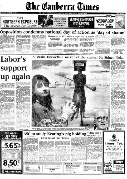 The front page of The Canberra Times on November 30, 1992.