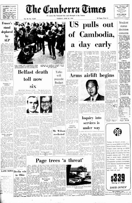 The front page of The Canberra Times on June 30, 1970.