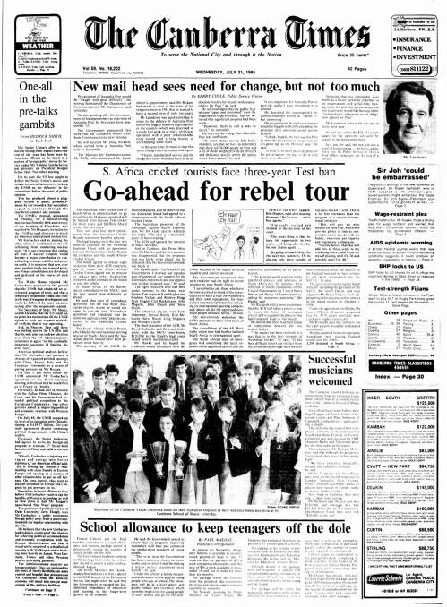 The front page of The Canberra Times on July 31, 1985.
