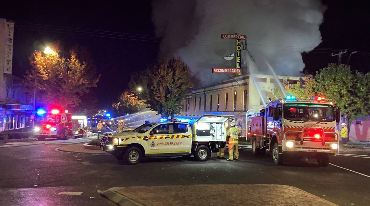 About 30 firefighters and other personnel were on the scene of the blaze at the Commercial Hotel, Yass, early on Monday morning. Picture NSW RFS Southern Tablelands Zone