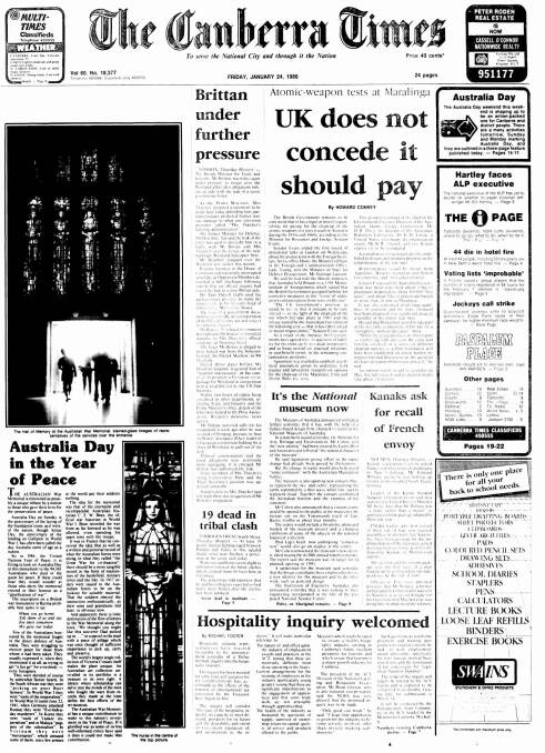 The front page of The Canberra Times for January 24, 1986.