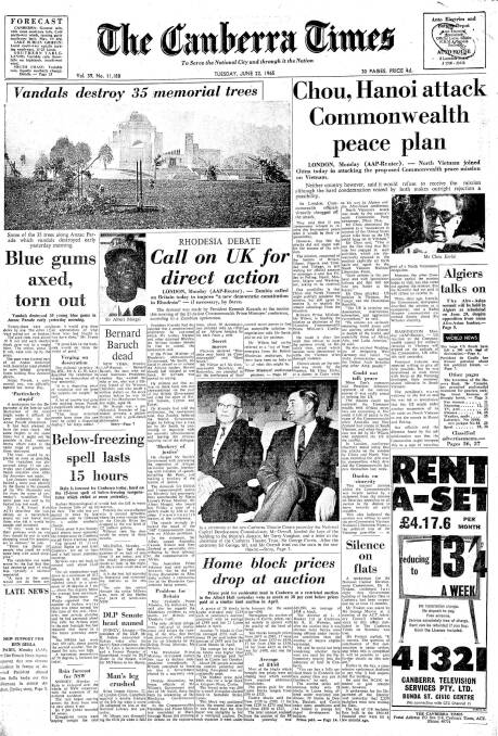 The front page of The Canberra times on June 22, 1965.