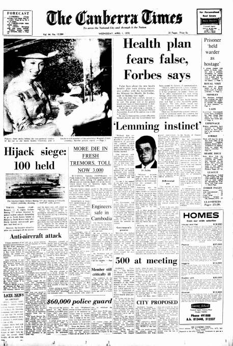 The front page of The Canberra Times on April 1, 1970.