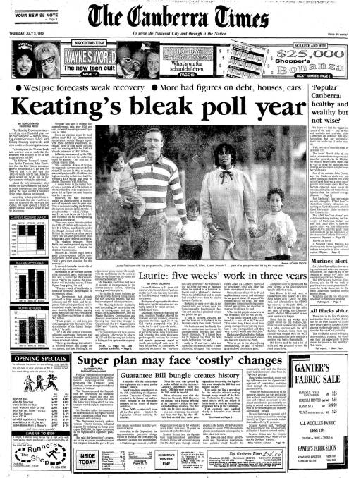 The front page of The Canberra Times on July 2, 1992.