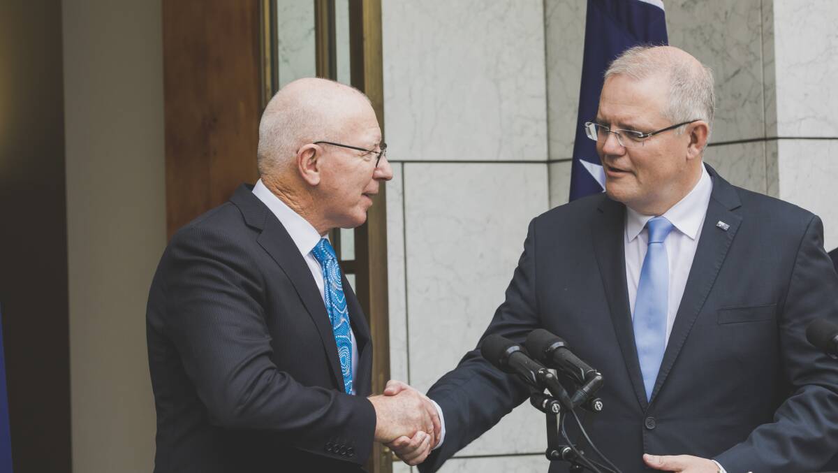 Then prime minister Scott Morrison announcing David Hurley as Australia's next Governor-General. Picture: Jamila Toderas