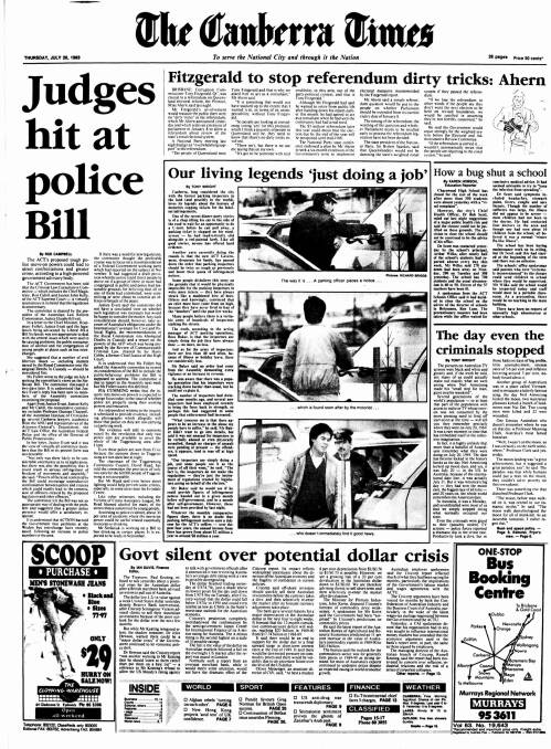 The front page of The Canberra Times on July 20, 1989.