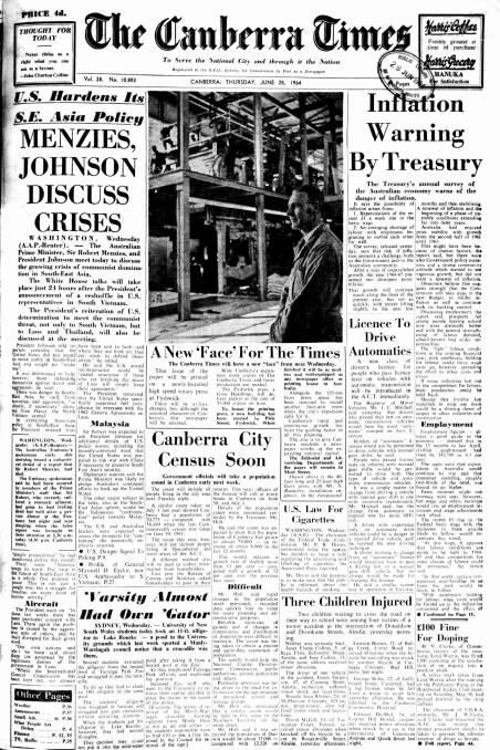 The front page of The Canberra Times for June 25, 1964.