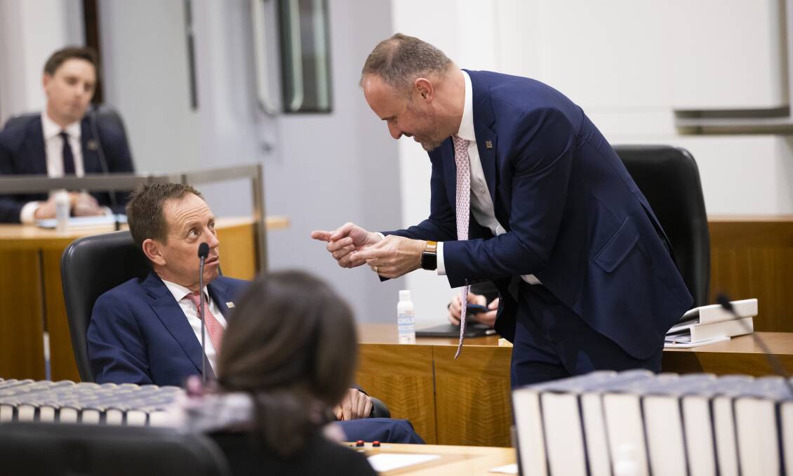 Greens leader Shane Rattenbury and Chief Minister Andrew Barr in the Assembly. Picture: Keegan Carroll 
