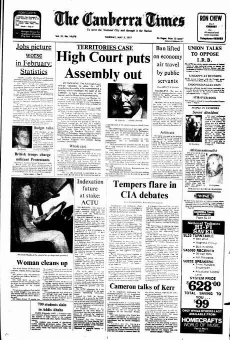 The front page of The Canberra Times on May 5, 1977.