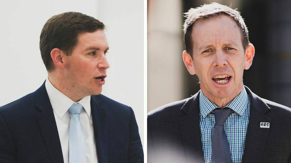 Greens leader Shane Rattenbury (right) is open to forming a coalition with the Liberals, a suggestion its leader Alistair Coe doubted. Pictures: Dion Georgopoulos