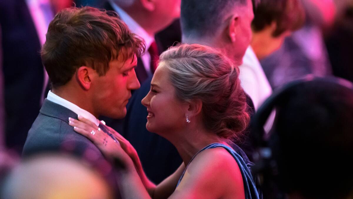 Grace Tame and partner Max Heerey at last year's Australian of the Year ceremony. Picture: Sitthixay Ditthavong